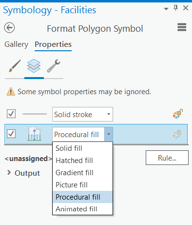 Stroke and fill settings in the Properties tab of the Format Polygon Symbol pane Stroke and fill settings in the Properties tab of the Format Polygon Symbol pane